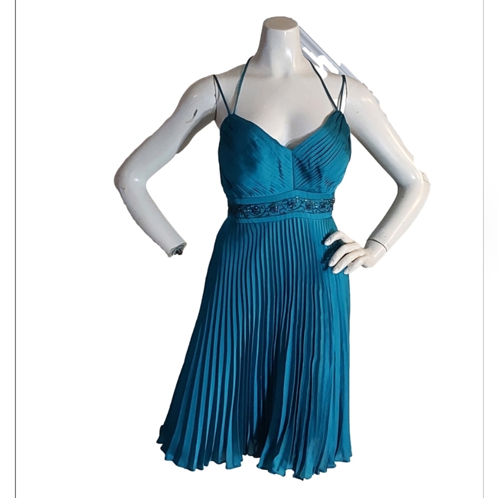 OLEG CASSINI TURQUOISE SMOKED PLEATED MINI DRESS SIZE‎ 10